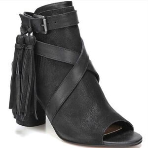 Sam Edelman Vermont Black Leather Peep Toe Cross Strap Tassel Ankle Boot